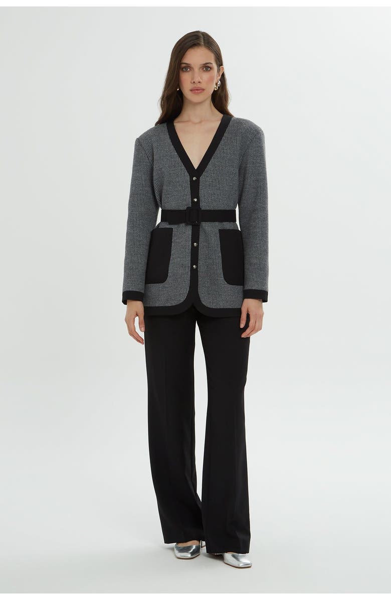 Gizia Grey and Black Cardigan Set with Belt Detail, Main, color, Grey