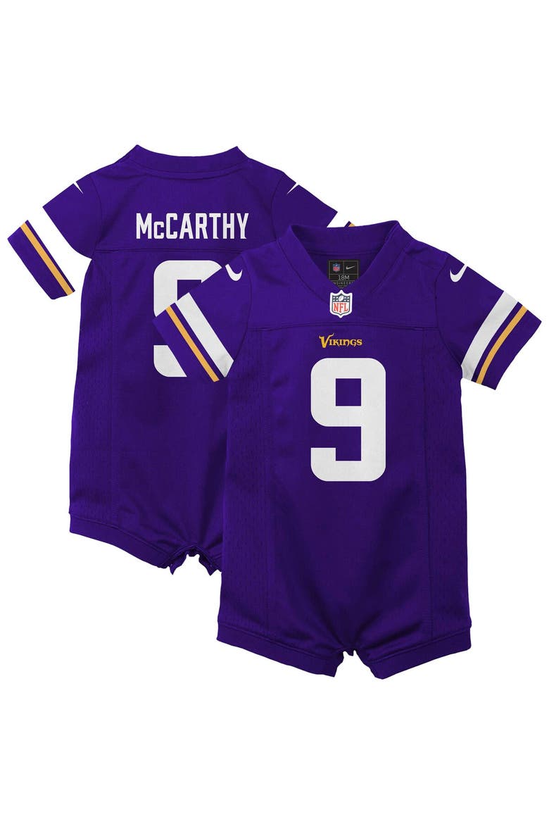Newborn & Infant Nike J.J. McCarthy Purple Minnesota Vikings Romper Game Jersey, Main, color, Purple