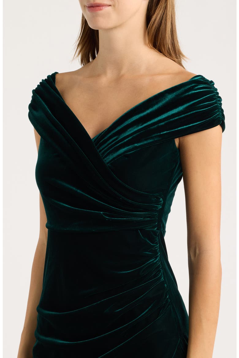 Draped Off the Shoulder Velvet Sheath Gown, Alternate, color, HUNTER