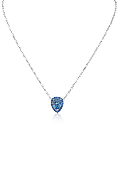 Blue Pear Cut Cubic Zirconia Halo Pendant Necklace