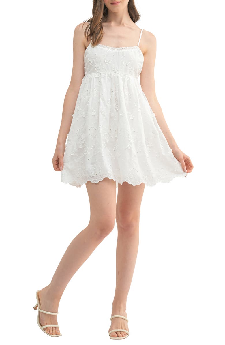 All in Favor Broderie Anglaise Sleeveless Minidress, Main, color, White