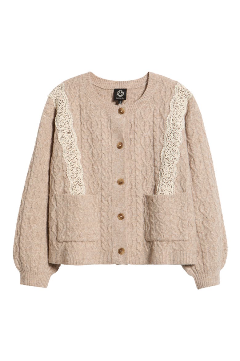 Lace Trim Cable Stitch Cardigan, Alternate, color, HEATHER TAUPE/ NATURAL