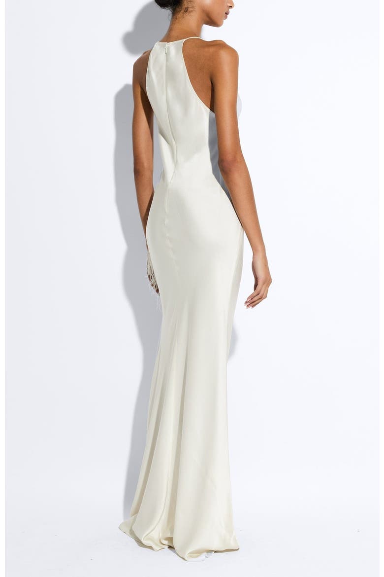 Satin Halter Gown With Feathers, Alternate, color, Cream