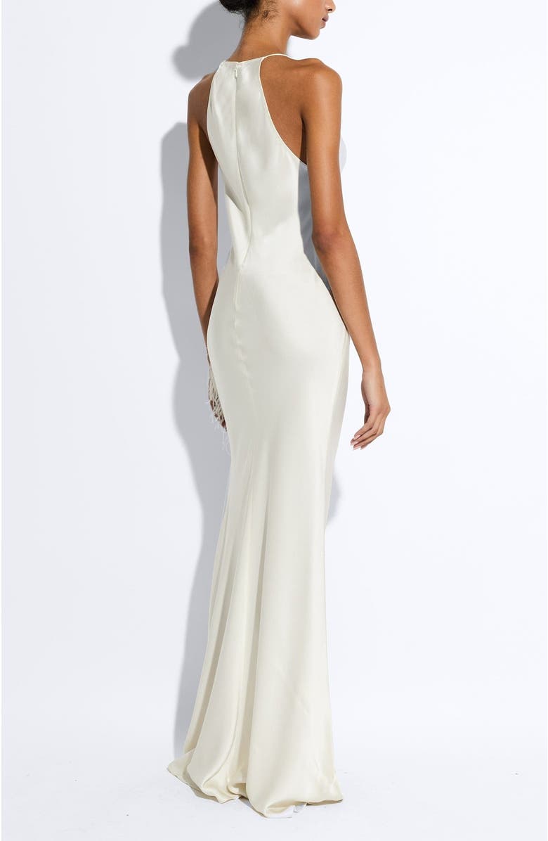 LAPOINTE Satin Halter Gown With Feathers, Alternate, color, Cream