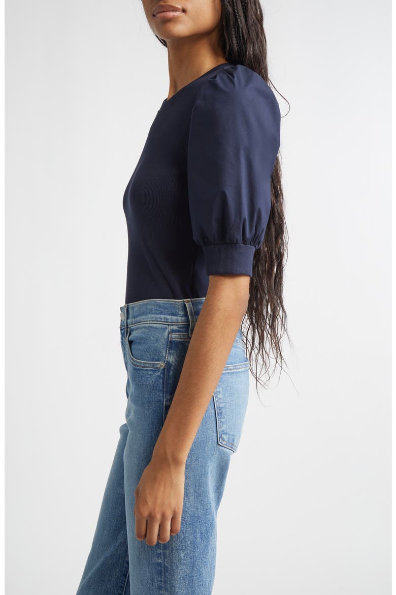 Coralee Mixed Media Puff Sleeve Stretch Cotton Top, Alternate, color, NAVY