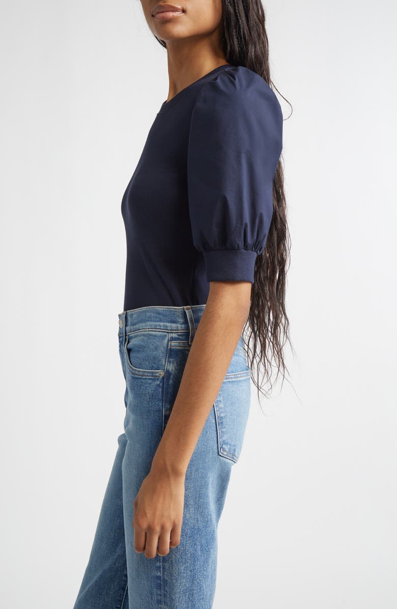 Veronica Beard Coralee Mixed Media Puff Sleeve Stretch Cotton Top, Alternate, color, Navy