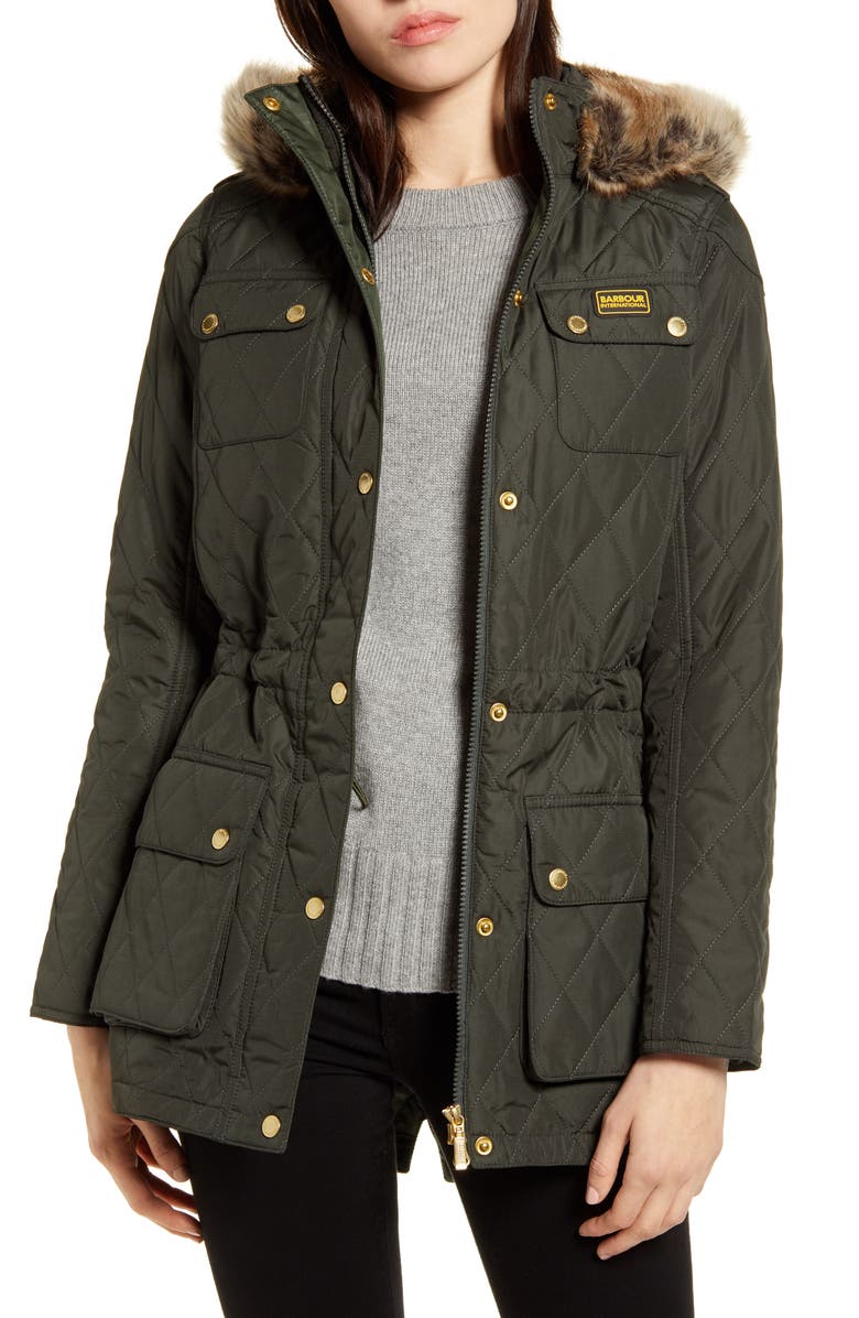 Barbour B.INTL Enduro Quilted Jacket with Faux Fur Trim, Main, color, 