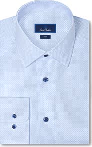 David Donahue Trim Fit Neat Print Stretch Cotton Twill Dress Shirt