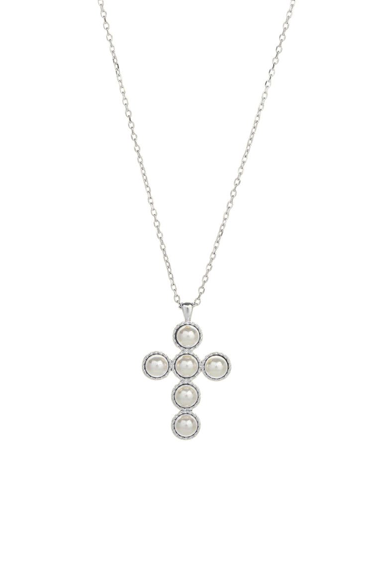 Sterling Silver 18k Gold Plated Victoria Cross Pearl Necklace Dainty Classic, Main, color, Silver
