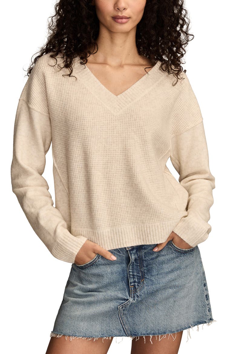 Waffle Knit V-Neck Sweater, Main, color, STRAW HEATHER