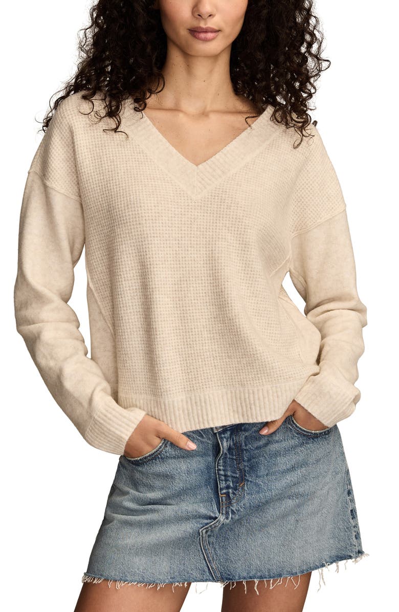 Lucky Brand Waffle Knit V-Neck Sweater, Main, color, Straw Heather