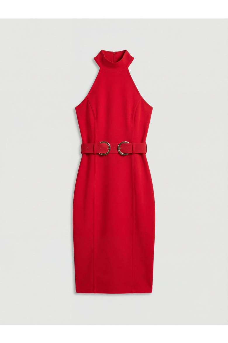 Bandage High Neck Buckle Trim Midi Dress, Alternate, color, Red