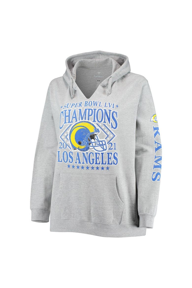 Women's Fanatics Branded Heathered Gray Los Angeles Rams Super Bowl LVI Champions Retro V-Neck Plus Size Pullover Hoodie, Alternate, color, Heather Gray