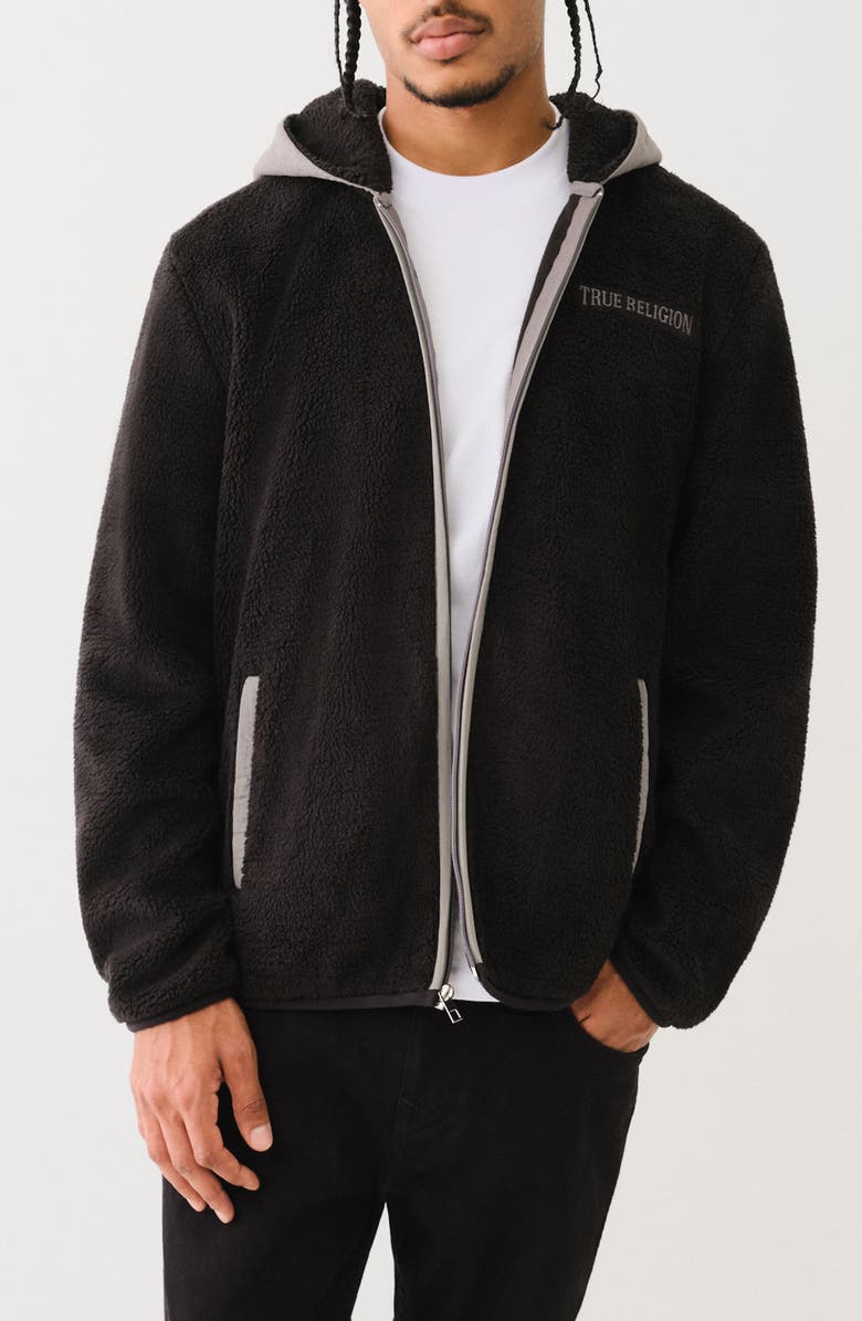 True Religion Contrast Faux Shearling Zip Hoodie, Main, color, 