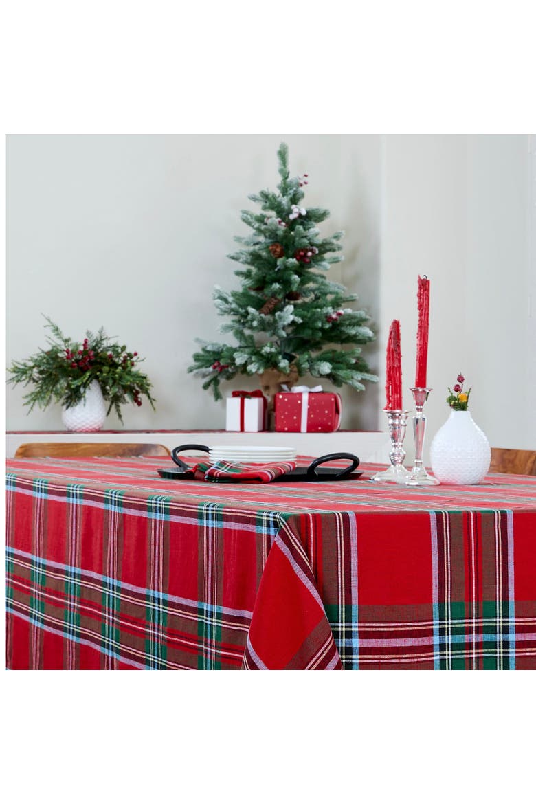 Linen Table Throw 52 x 52 Inch - Madras Holiday Plaid, Alternate, color, Red
