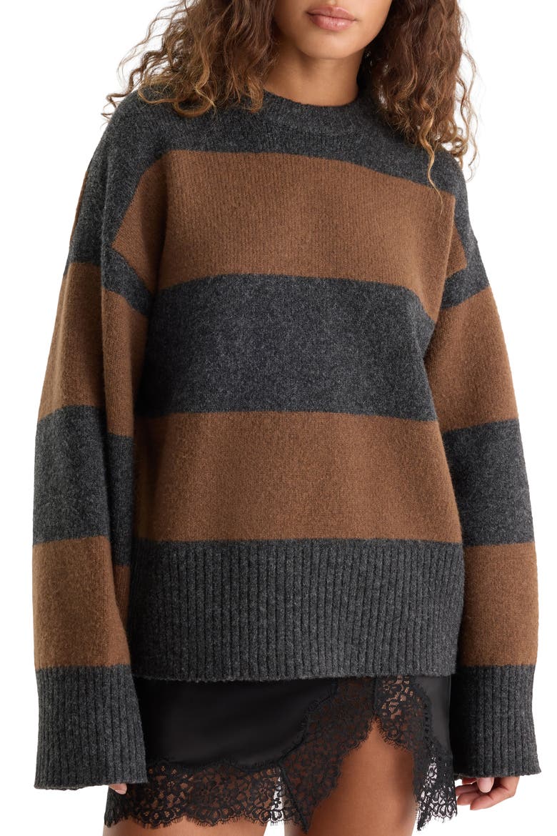The Oversized Crewneck Sweater, Main, color, CHARCOAL BROWN STRIPE