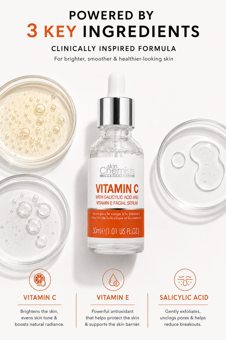 Anti-Aging Vitamin C Salicylic Acid Facial Serum 30ml for Acne & Blemishes, Large Pores, Alternate, color, White