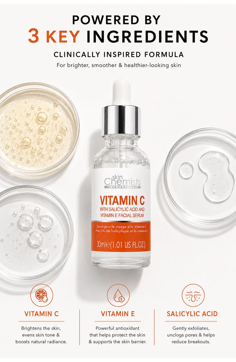 SKINCHEMISTS Anti-Ageing Vitamin C Salicylic Acid Facial Serum 30ml for Acne & Blemishes, Large Pores, Alternate, color, White