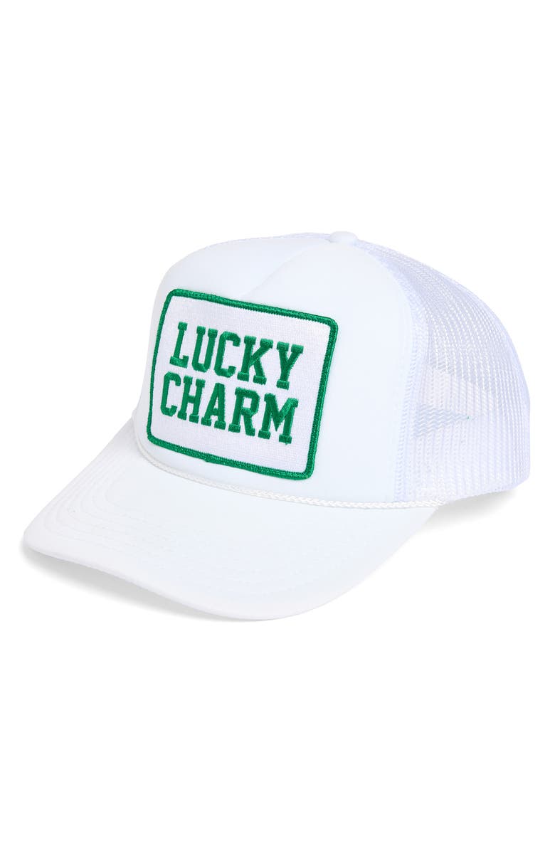 Friday Feelin’ Lucky Charm Trucker Hat, Main, color, White