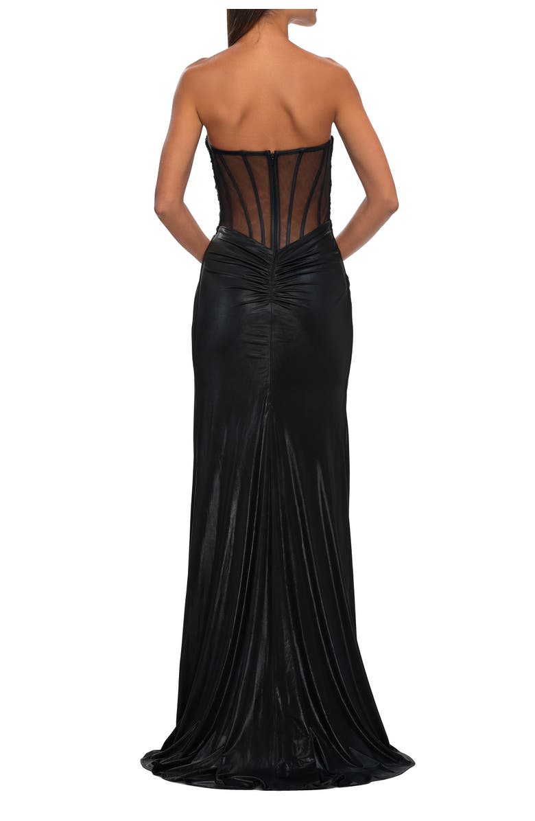 La Femme Metallic Jersey Dress with Ruching and Sweetheart Top, Alternate, color, Black