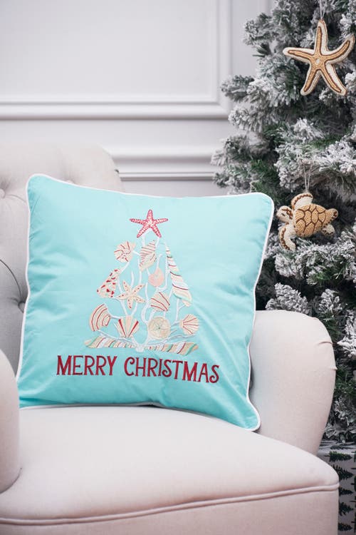 C & F Home C&f Home Merry Christmas Seashells Aqua Pillow In Blue
