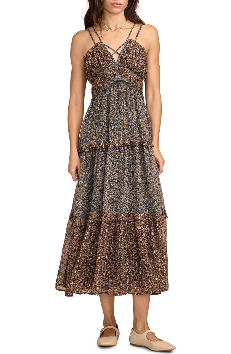 Lucky Brand Metallic Mixed Floral Tiered Chiffon Dress, Main, color, 