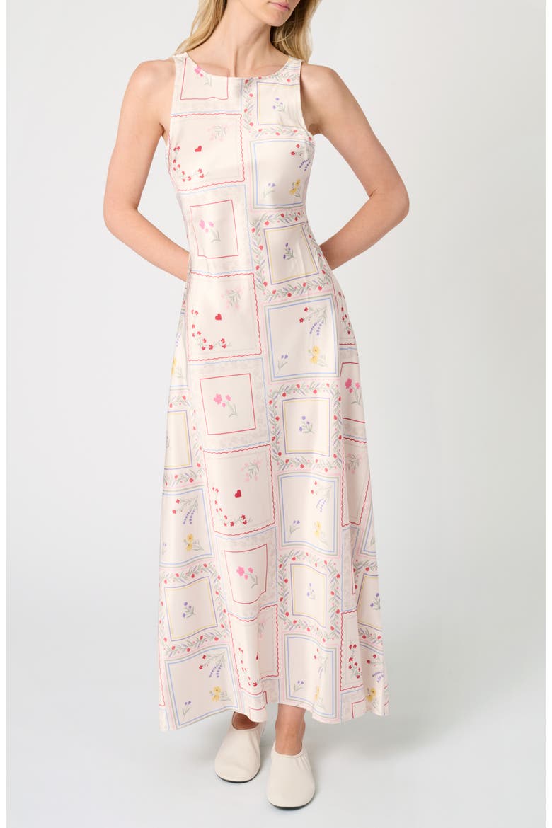 Boat Neck Satin Slip Dress, Main, color, IVORY MULTI