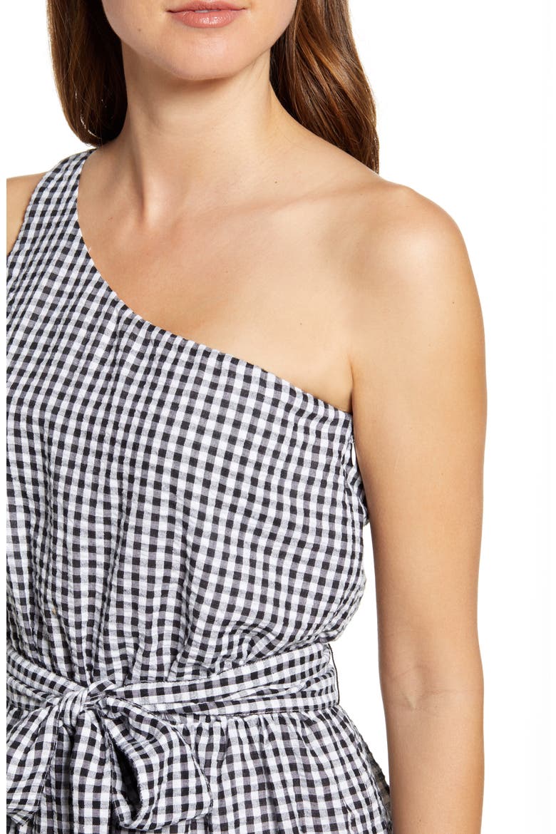 Gingham One-Shoulder Minidress, Alternate, color, JET BLACK