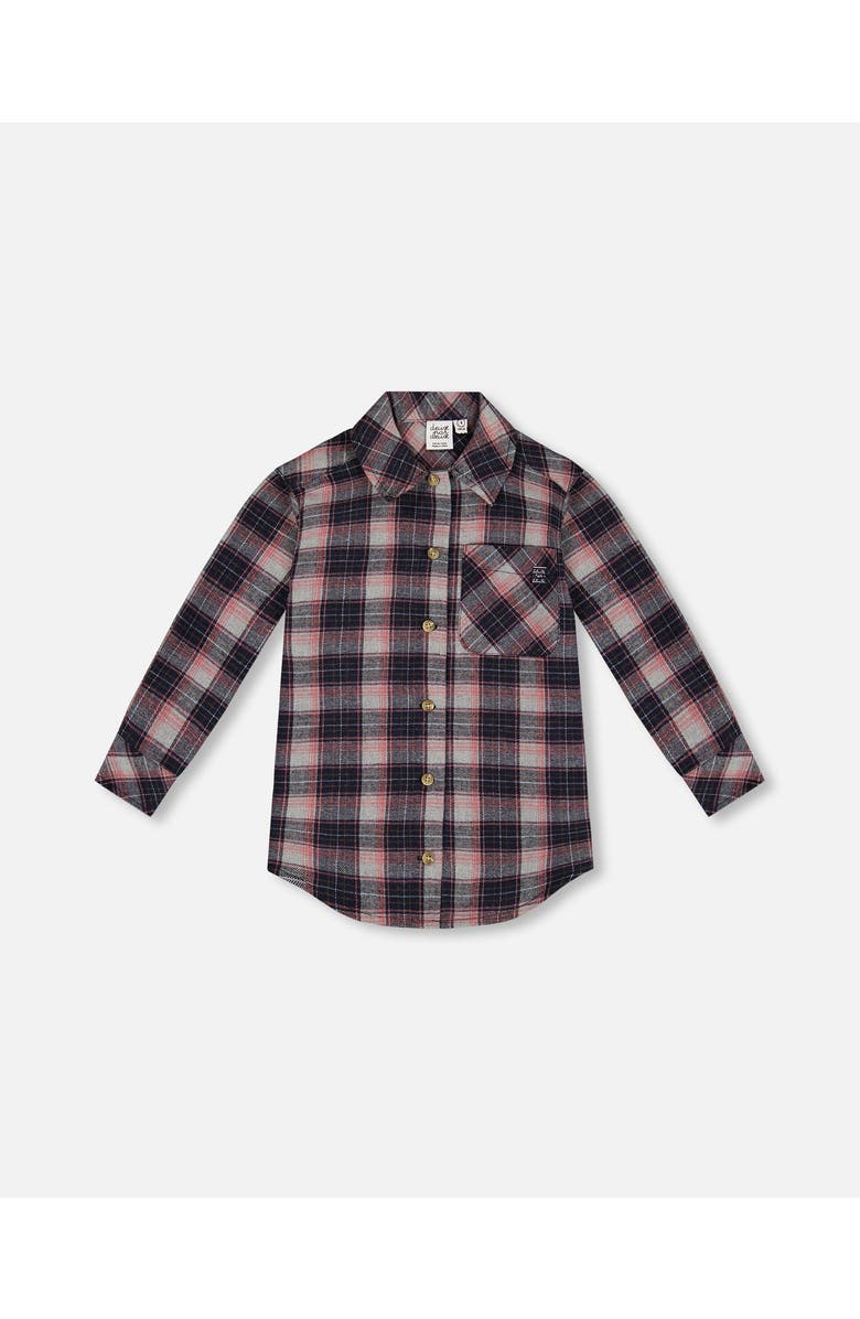 Deux par Deux Girl's Long Sleeve Button Front Tunic Flannel Shirt Plaid Navy And Pink, Main, color, Plaid Outdoor