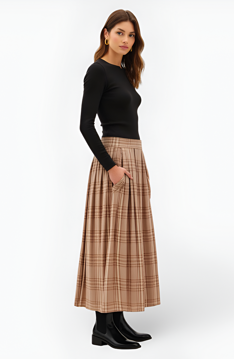 Modenaire Plaid Pleated Maxi Skirt with Elastic Waistband, Alternate, color, Plaid Beige/Brown