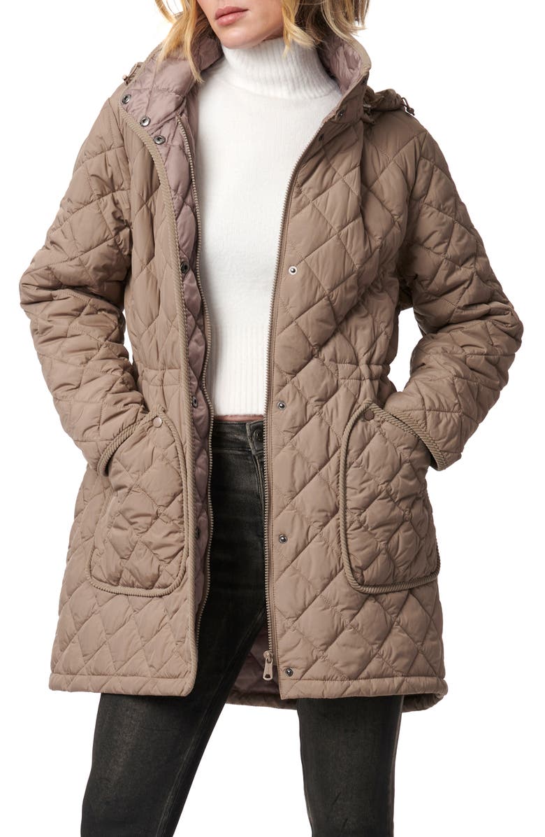 Bernardo Diamond Quilted Hooded Puffer Coat, Main, color, Dusty Taupe