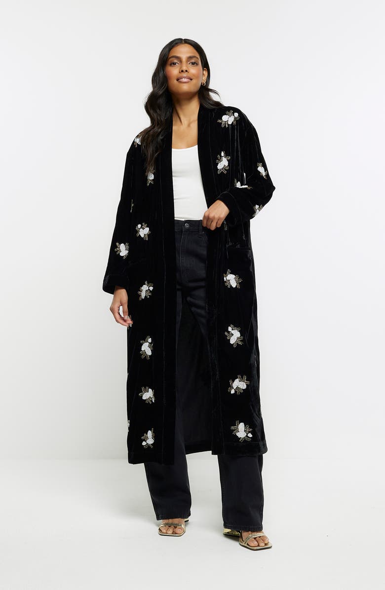 River Island Beaded Floral Open Front Velvet Duster, Alternate, color, Black