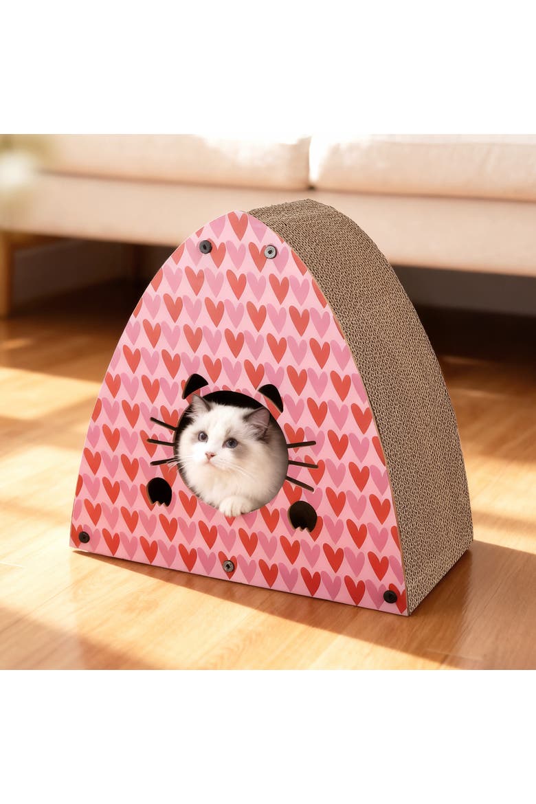 Koko Cardboard Triangle Cat Cave Scratcher with Catnip, Alternate, color, Pink/Red