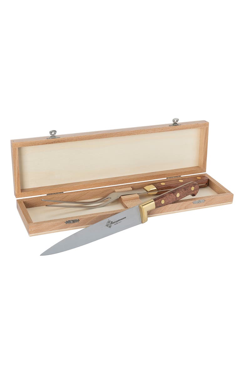 AU NAIN Le Thiers Prince Gastronome Carving Knife and Fork 2-Piece Set, Alternate, color, Wood And Gold Brass