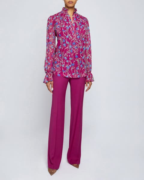 Chelsea Long Sleeve Ruffle Neck Blouse in Floral Printed Georgette