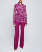Santorelli Chelsea Long Sleeve Ruffle Neck Blouse in Floral Printed Georgette