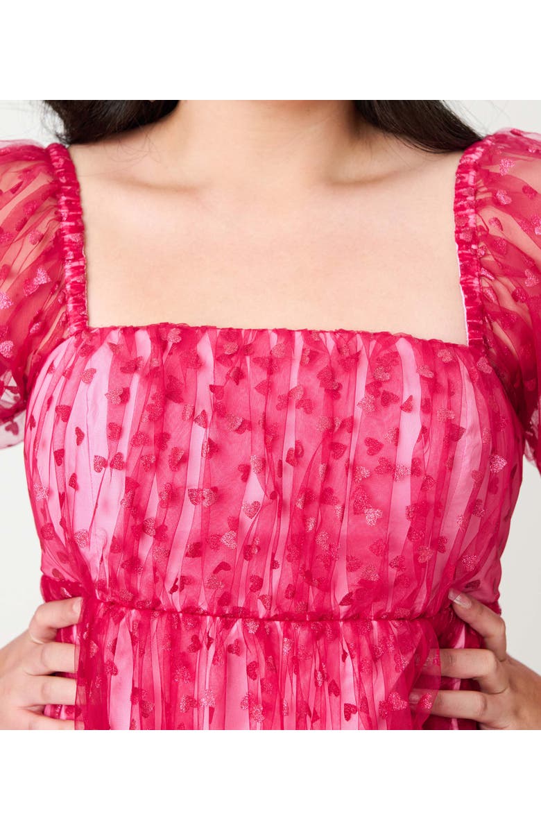 Smak Parlour Plus Size Puff Sleeve Love Interest Babydoll Dress, Alternate, color, Hot Pink W/ Hearts