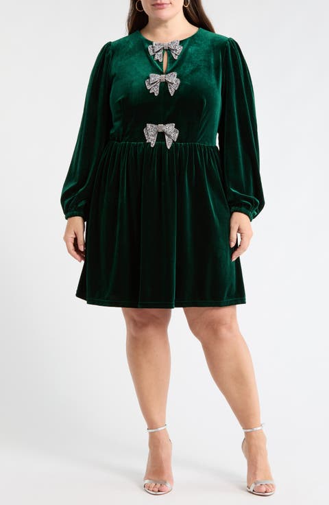 Glow Bow Velvet Long Sleeve Dress (Plus)