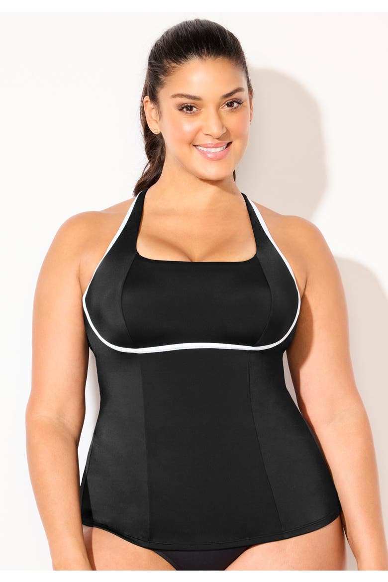 Chlorine Resistant Square Neck Contrast Trim Tankini Top, Alternate, color, Black White