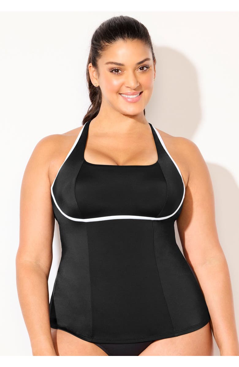 Swimsuits for All Chlorine Resistant Square Neck Contrast Trim Tankini Top, Alternate, color, Black White