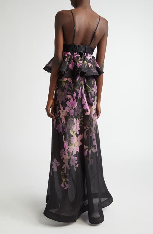 Zimmermann Dawning Bead-embellished Floral-print Linen And Silk-blend Peplum Maxi Dress In Black Lily