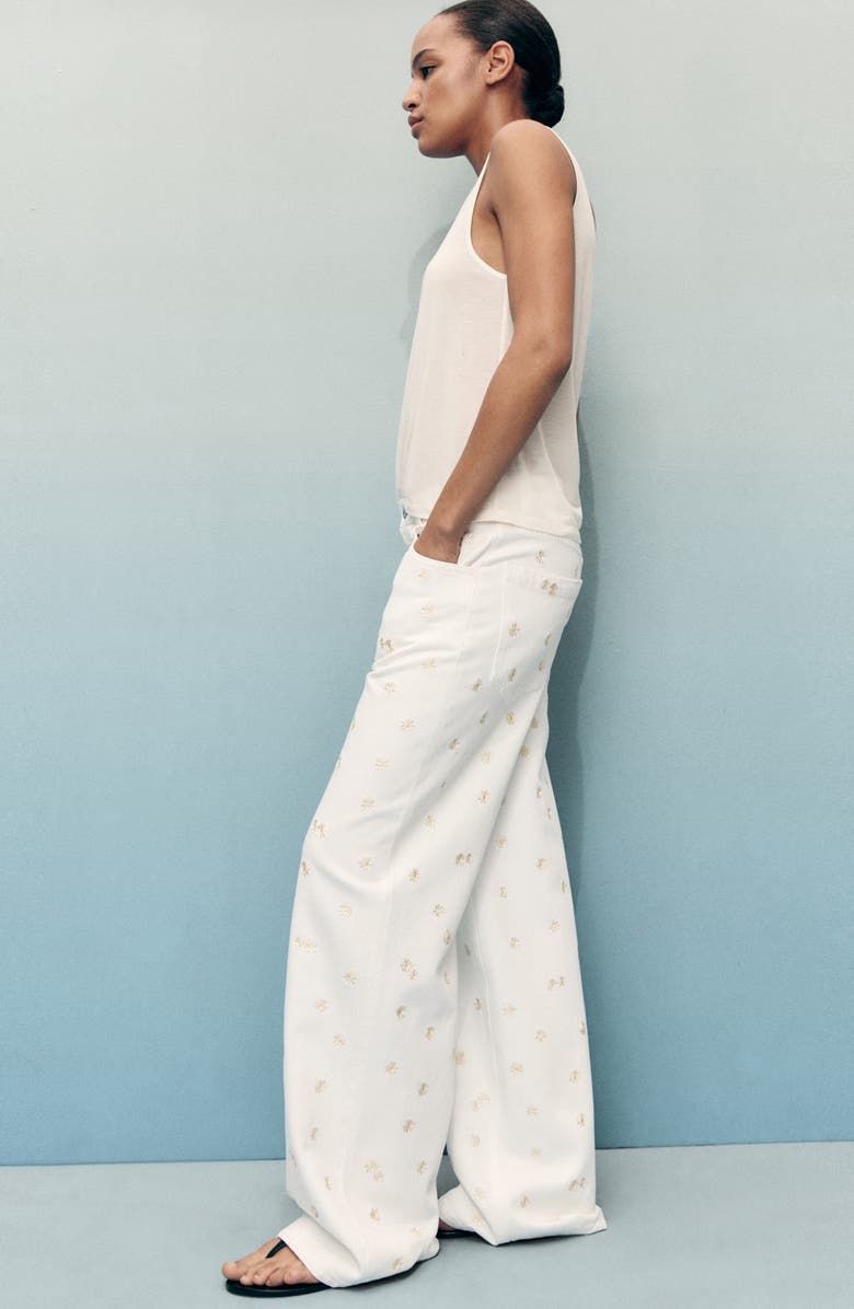 MANGO Flower Embroidered Wide Leg Jeans, Alternate, color, Off White