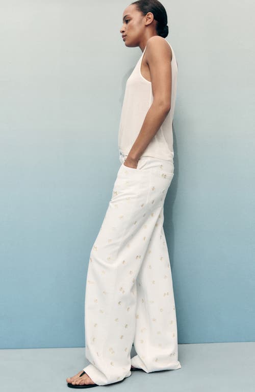 Mango Flower Embroidered Wide Leg Jeans In White