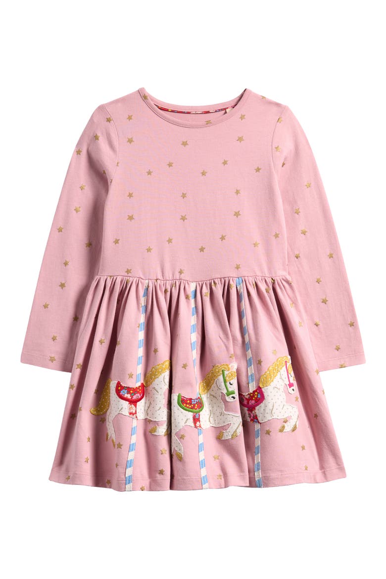 Kids' Carousel Appliqué Long Sleeve Cotton Dress, Main, color, VINTAGE PINK CAROUSEL