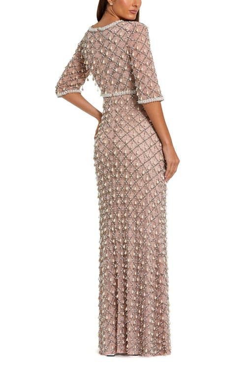 Mac Duggal 3/4 Sleeve Pearl Embellished Mesh Gown In Pink
