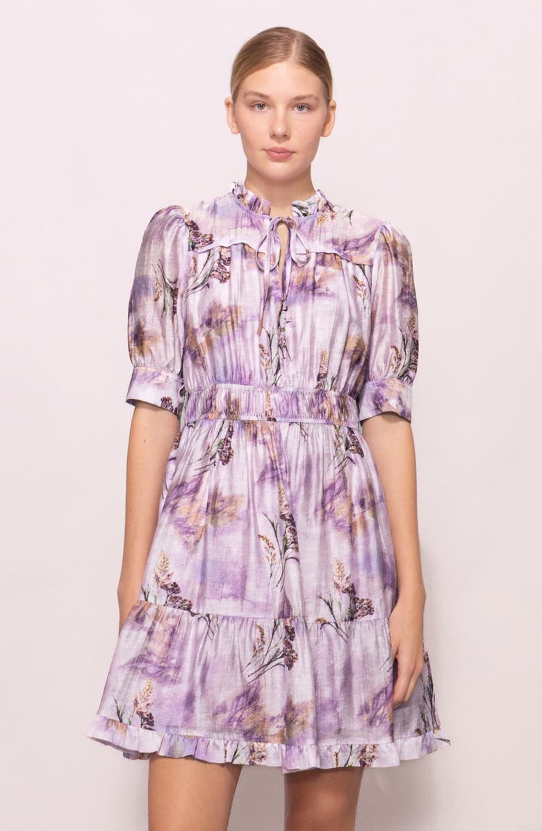 MELLODAY Printed Shirred Dress, Alternate, color, Lilac Multi