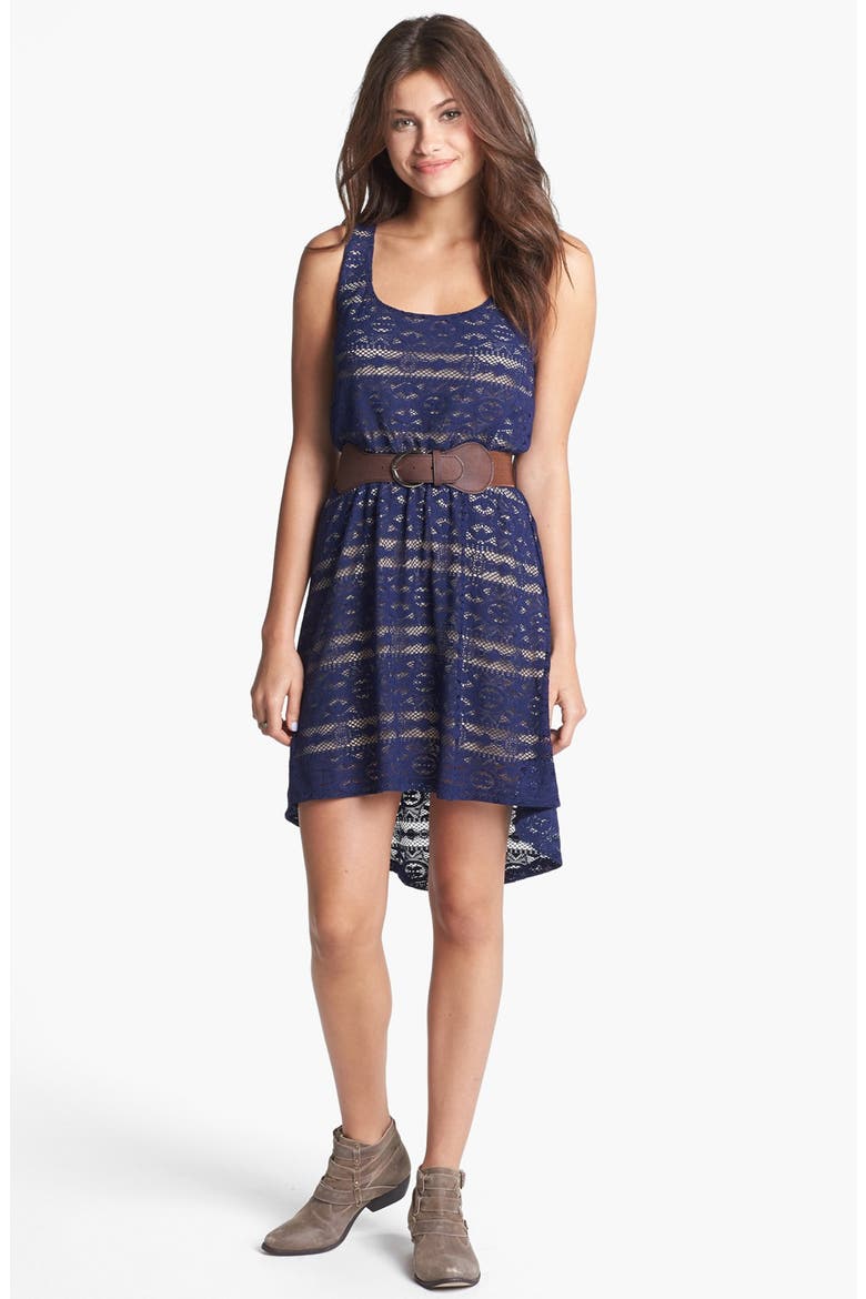 Belted Back Cutout Lace High/Low Dress, Main, color, NAVY