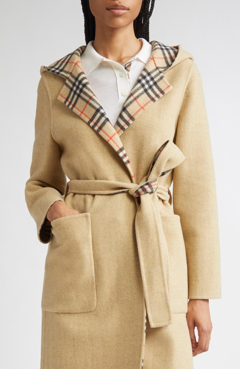 Burberry Hampshire Wool Reversible Hooded Coat, Alternate, color, Sand Ip Check