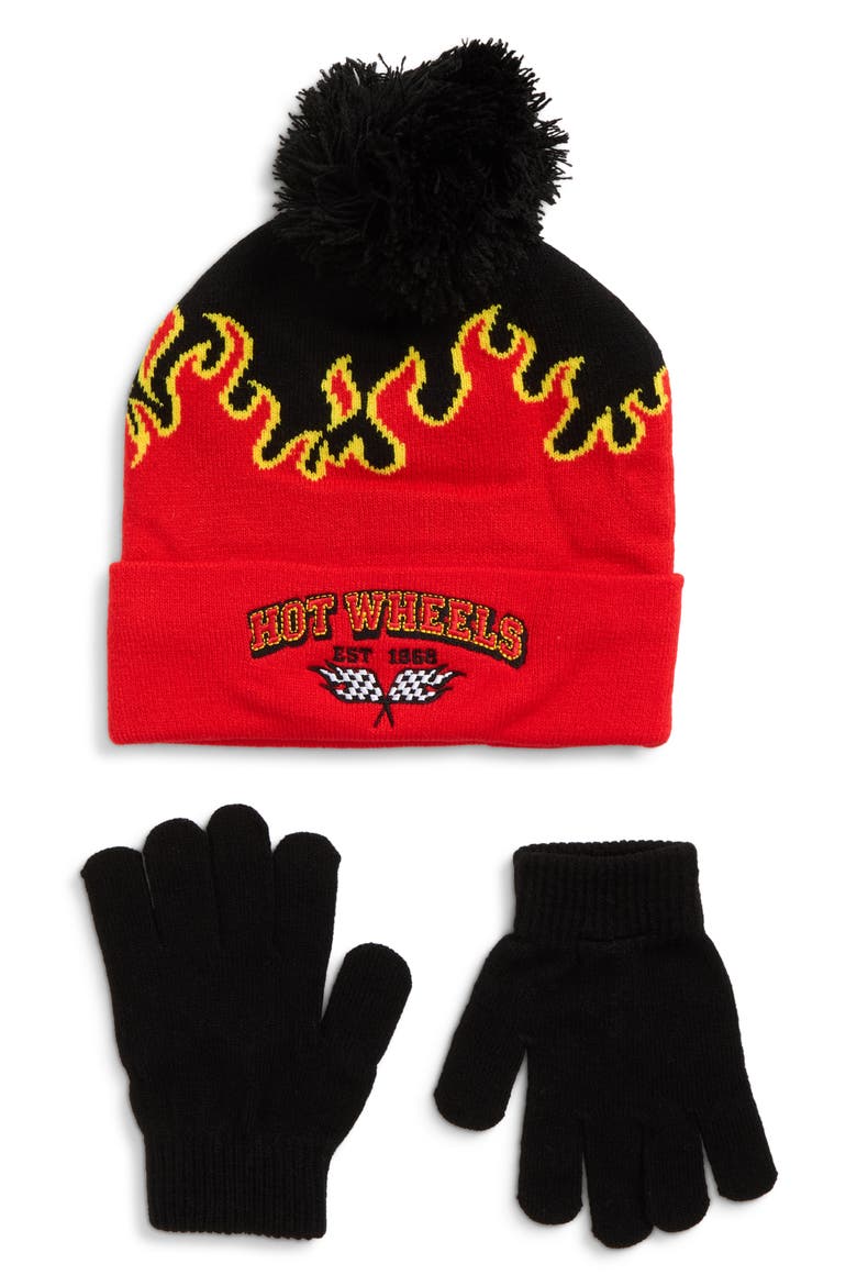 Kids' Hot Wheels Beanie & Gloves Set, Main, color, BLACK/ RED MULTI
