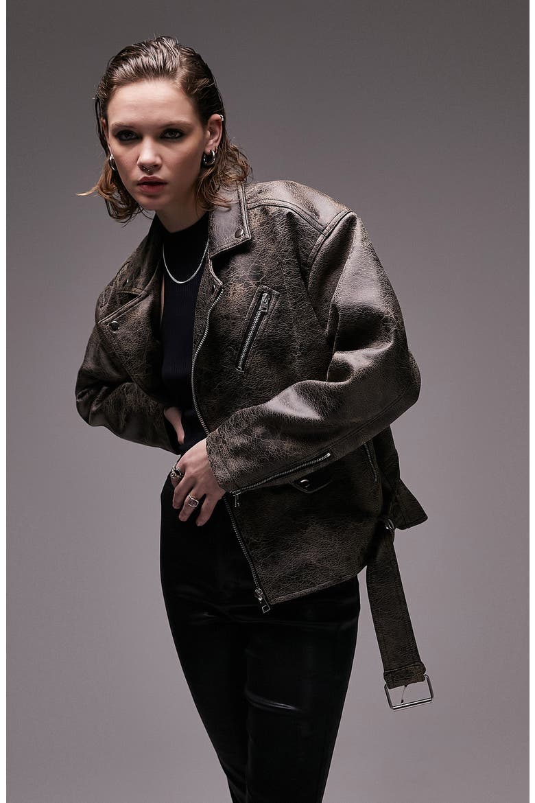 Oversize Faux Leather Biker Jacket, Main, color, BROWN
